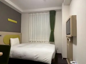 A compact hotel room featuring a bed, window with curtains, and a television mounted on the wall, offering a modern and minimalistic design.