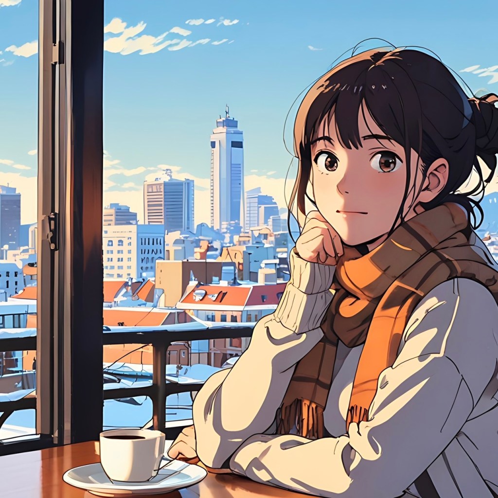 A young woman sitting at a café table, enjoying a cup of coffee while looking out at a snowy cityscape with skyscrapers in the background.