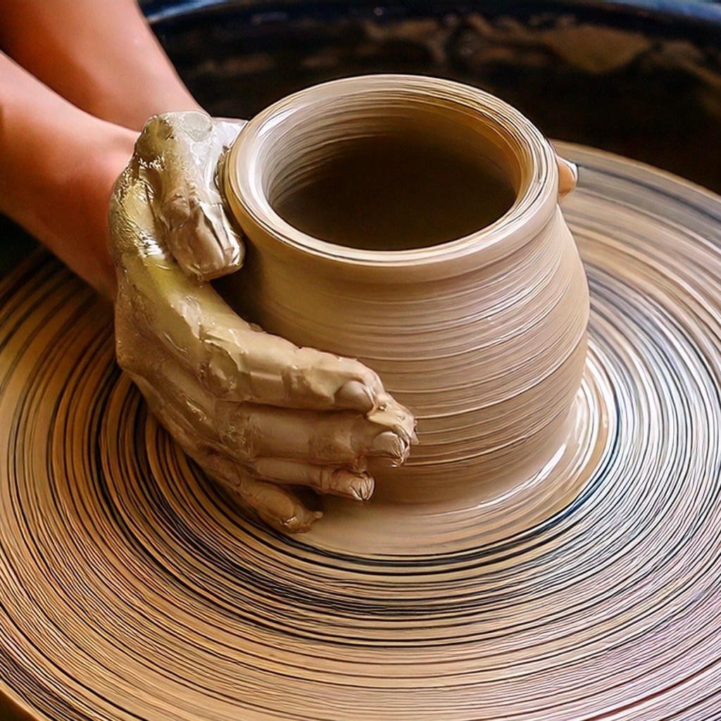 A close-up of hands shaping a clay pot on a pottery wheel, showcasing the craft of traditional pottery.