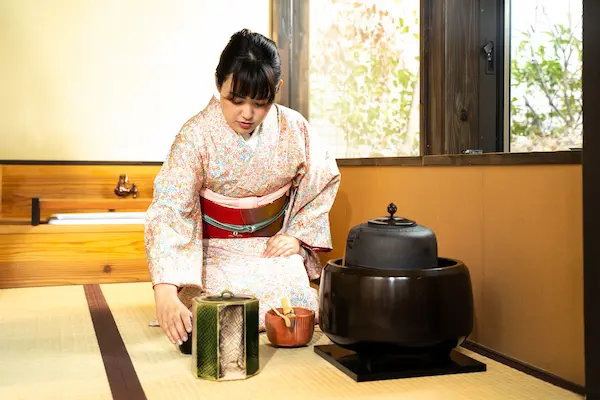 和服を着た女性が茶道の道具を整理しているシーン
