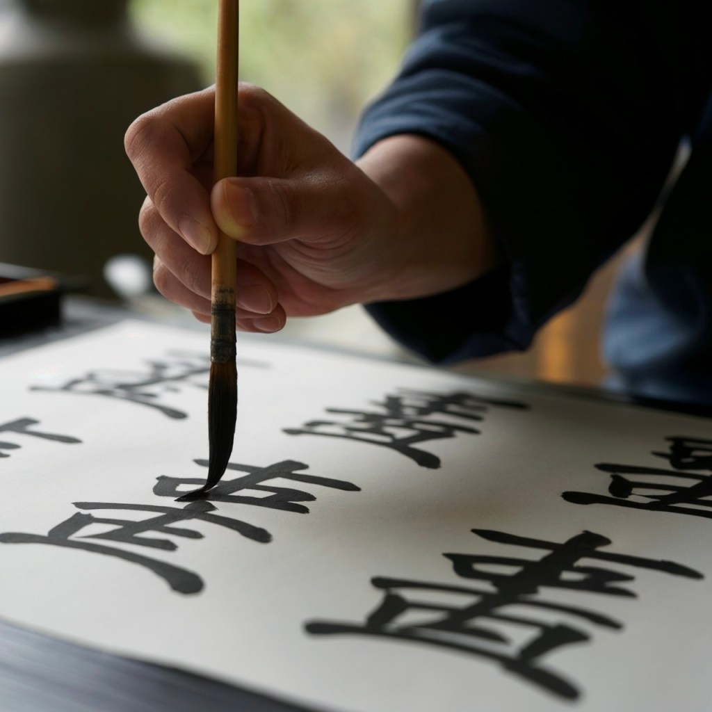 A close-up of a hand holding a brush, writing on a sheet of paper with black ink, showcasing traditional Japanese calligraphy.