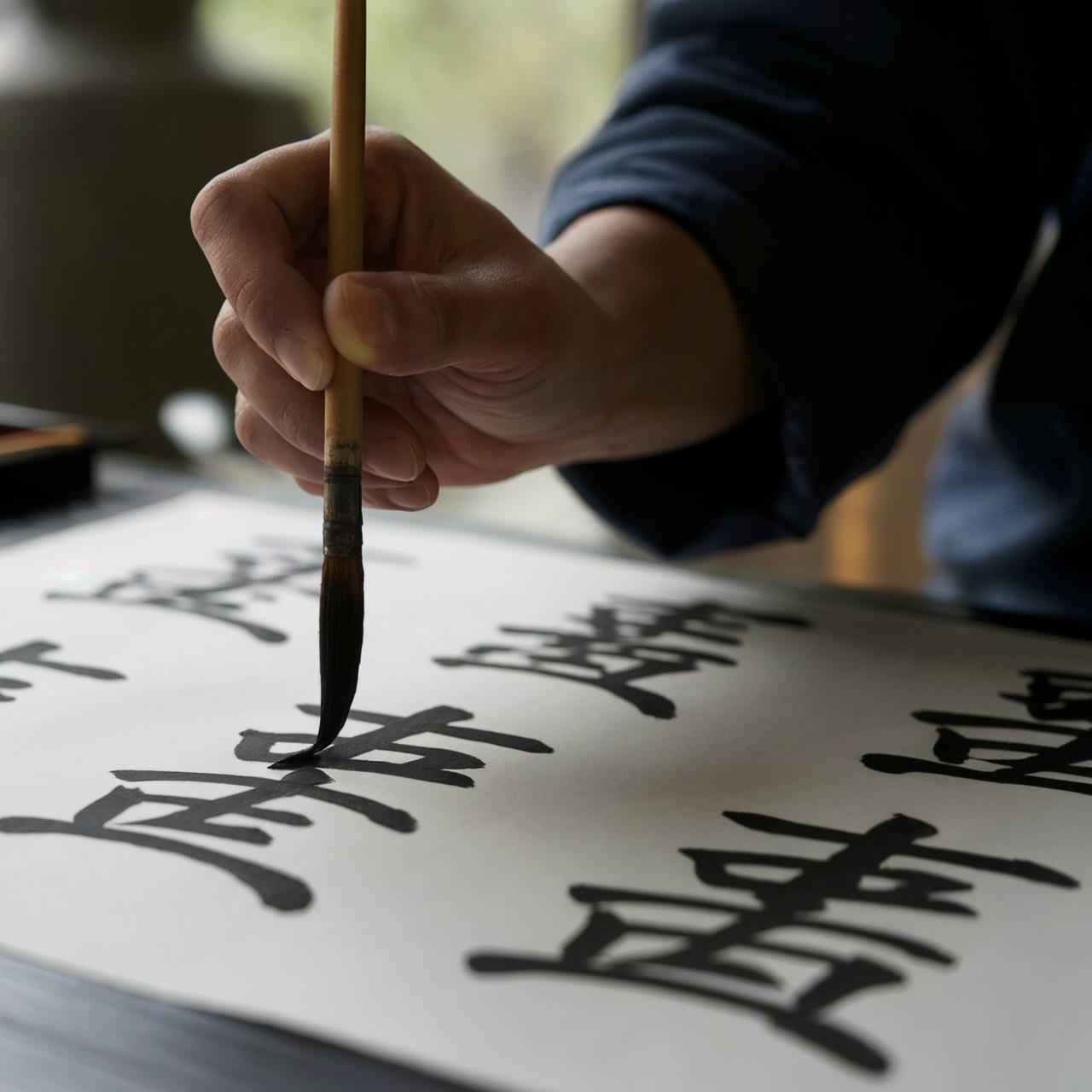 A hand holding a brush poised above a sheet of paper covered in Japanese calligraphy, with black ink strokes visible.