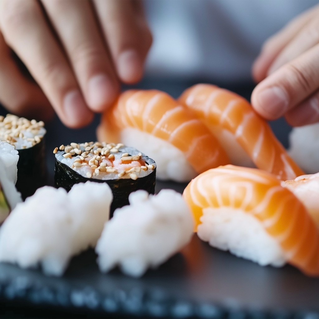 Close-up of hands arranging various types of sushi on a black plate, featuring salmon nigiri, sushi rolls with sesame seeds, and other seafood options.