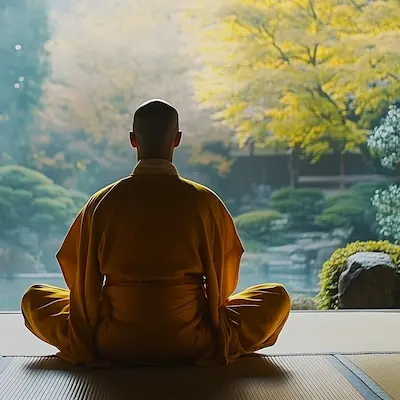 A monk in a yellow robe meditating in a serene Japanese garden with autumn foliage.