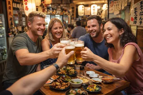 Group of friends toasting beer glasses at an izakaya table surrounded by various Japanese dishes.
