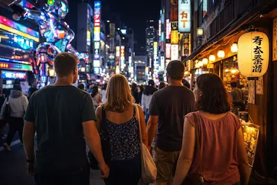Group of four friends walking through a vibrant night street in Japan, illuminated by colorful lights and restaurant signs.